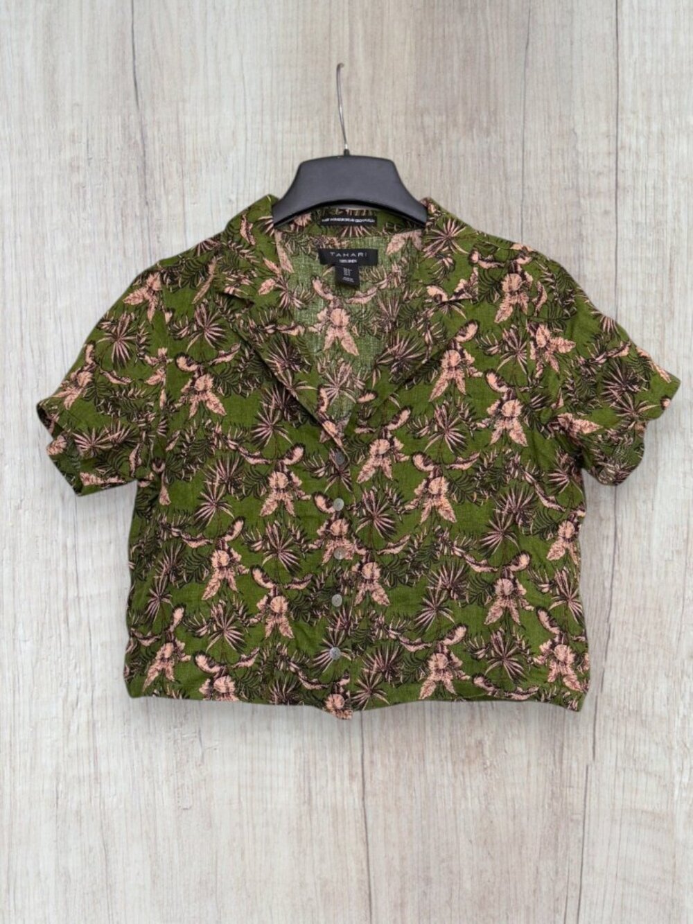 Tahari 100% Linen Tropical Pink Floral Cropped Blouse Camp Shirt Green Size S